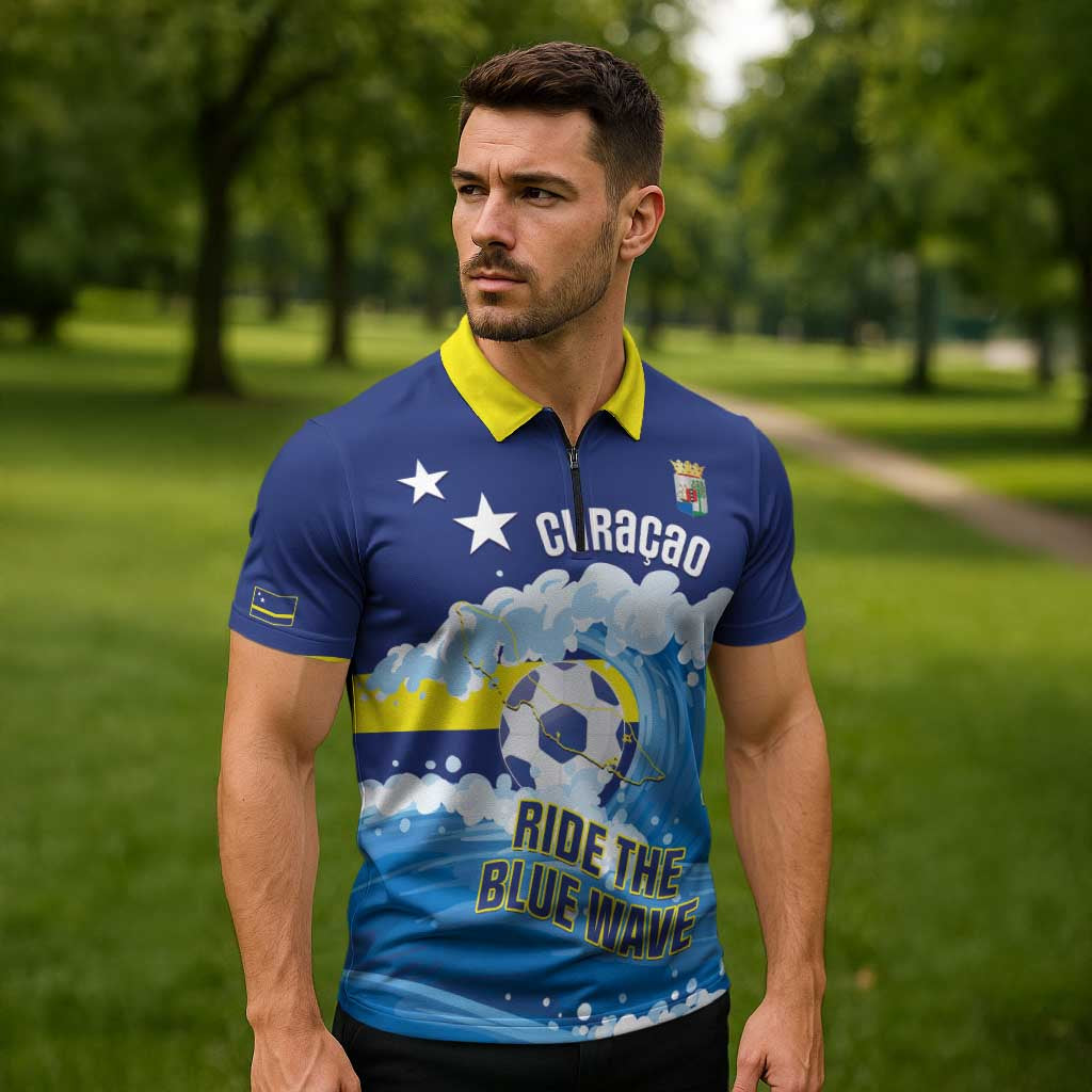Personalized Curacao Football Zipper Polo Shirt First-ever World Cup Ride The Blue Wave - Wonder Print Shop
