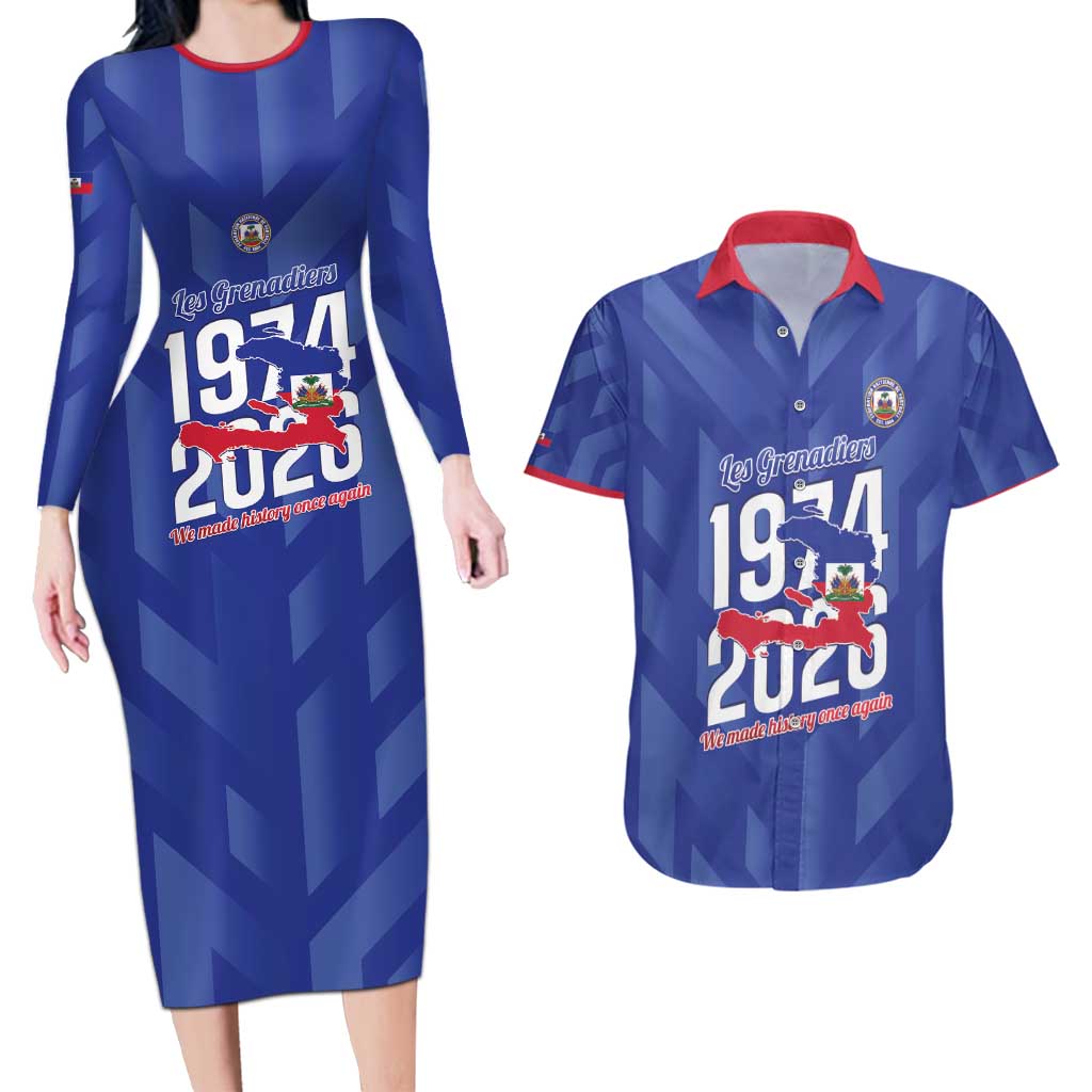 Personalized Haiti Football Couples Matching Long Sleeve Bodycon Dress and Hawaiian Shirt Les Grenadiers Made History Once Again Blue Color - Wonder Print Shop