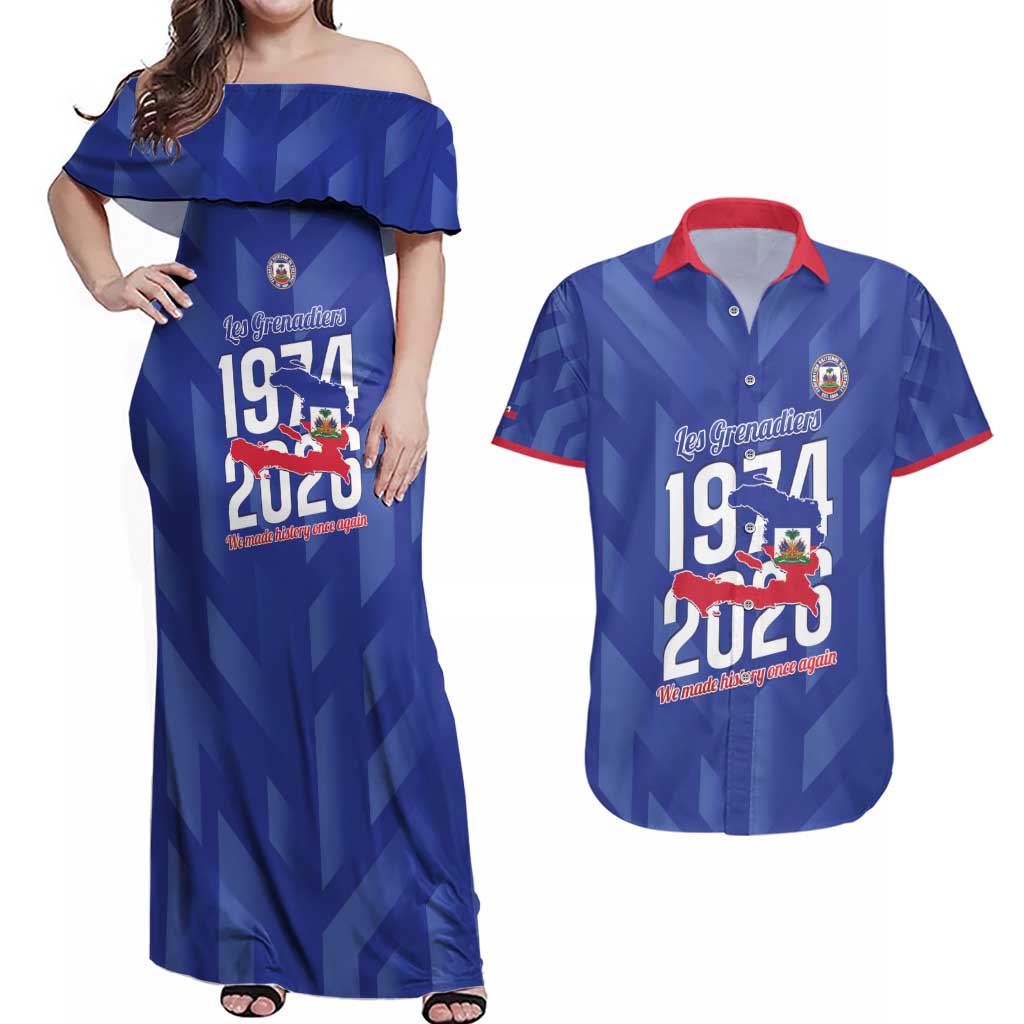 Personalized Haiti Football Couples Matching Off Shoulder Maxi Dress and Hawaiian Shirt Les Grenadiers Made History Once Again Blue Color - Wonder Print Shop
