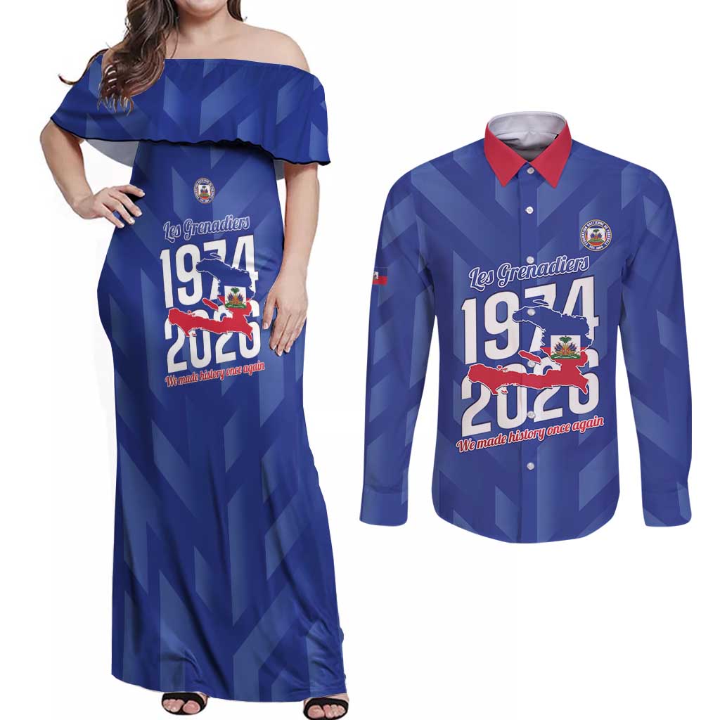 Personalized Haiti Football Couples Matching Off Shoulder Maxi Dress and Long Sleeve Button Shirt Les Grenadiers Made History Once Again Blue Color - Wonder Print Shop