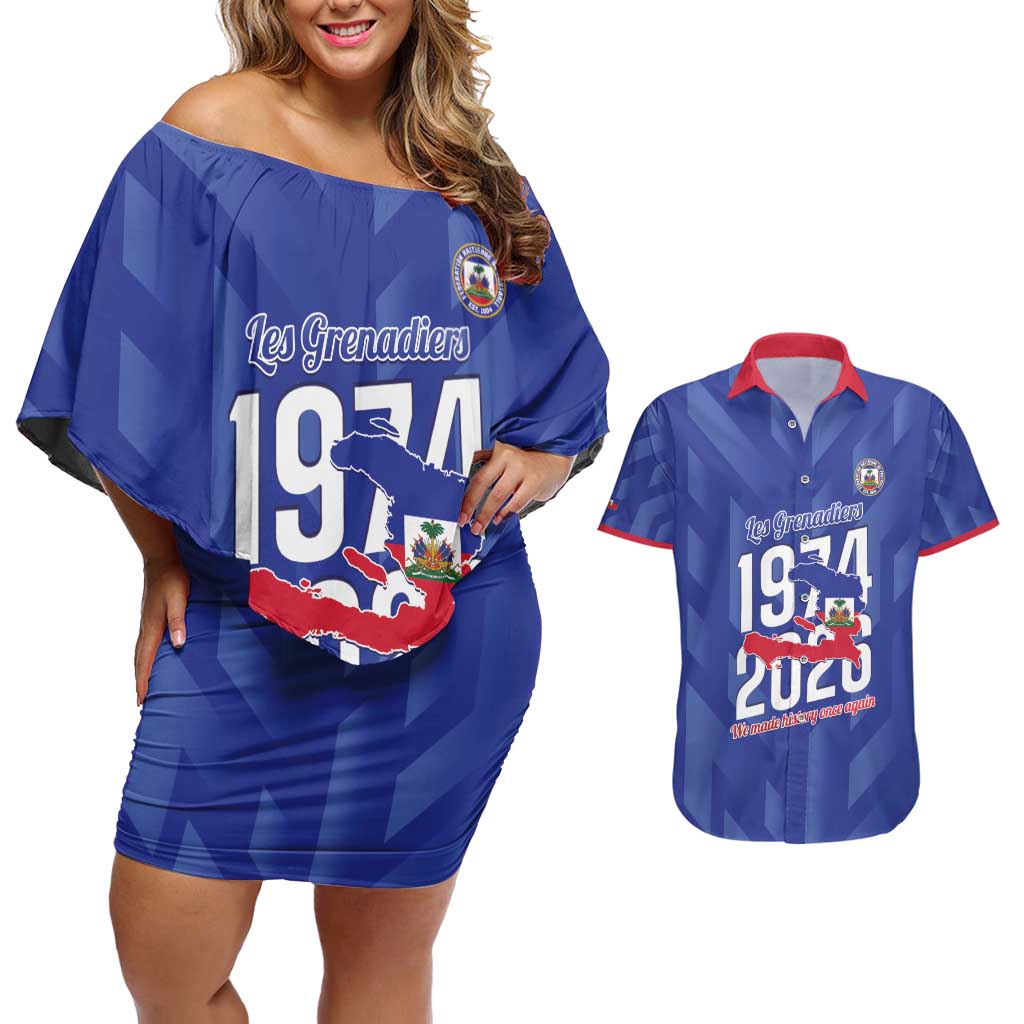 Personalized Haiti Football Couples Matching Off Shoulder Short Dress and Hawaiian Shirt Les Grenadiers Made History Once Again Blue Color - Wonder Print Shop