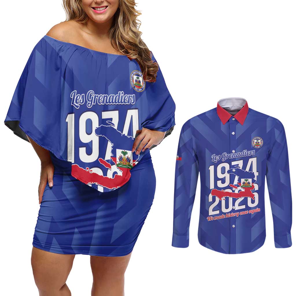 Personalized Haiti Football Couples Matching Off Shoulder Short Dress and Long Sleeve Button Shirt Les Grenadiers Made History Once Again Blue Color - Wonder Print Shop