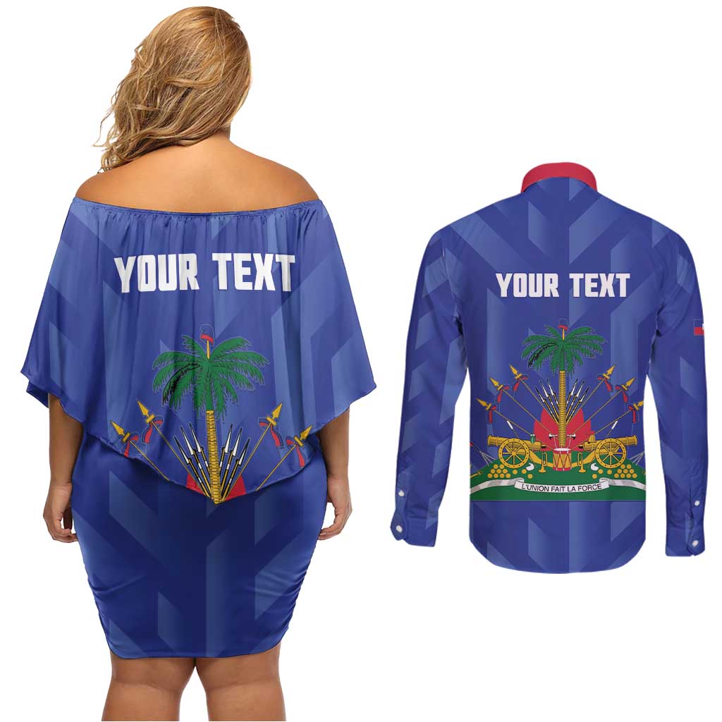 Personalized Haiti Football Couples Matching Off Shoulder Short Dress and Long Sleeve Button Shirt Les Grenadiers Made History Once Again Blue Color - Wonder Print Shop