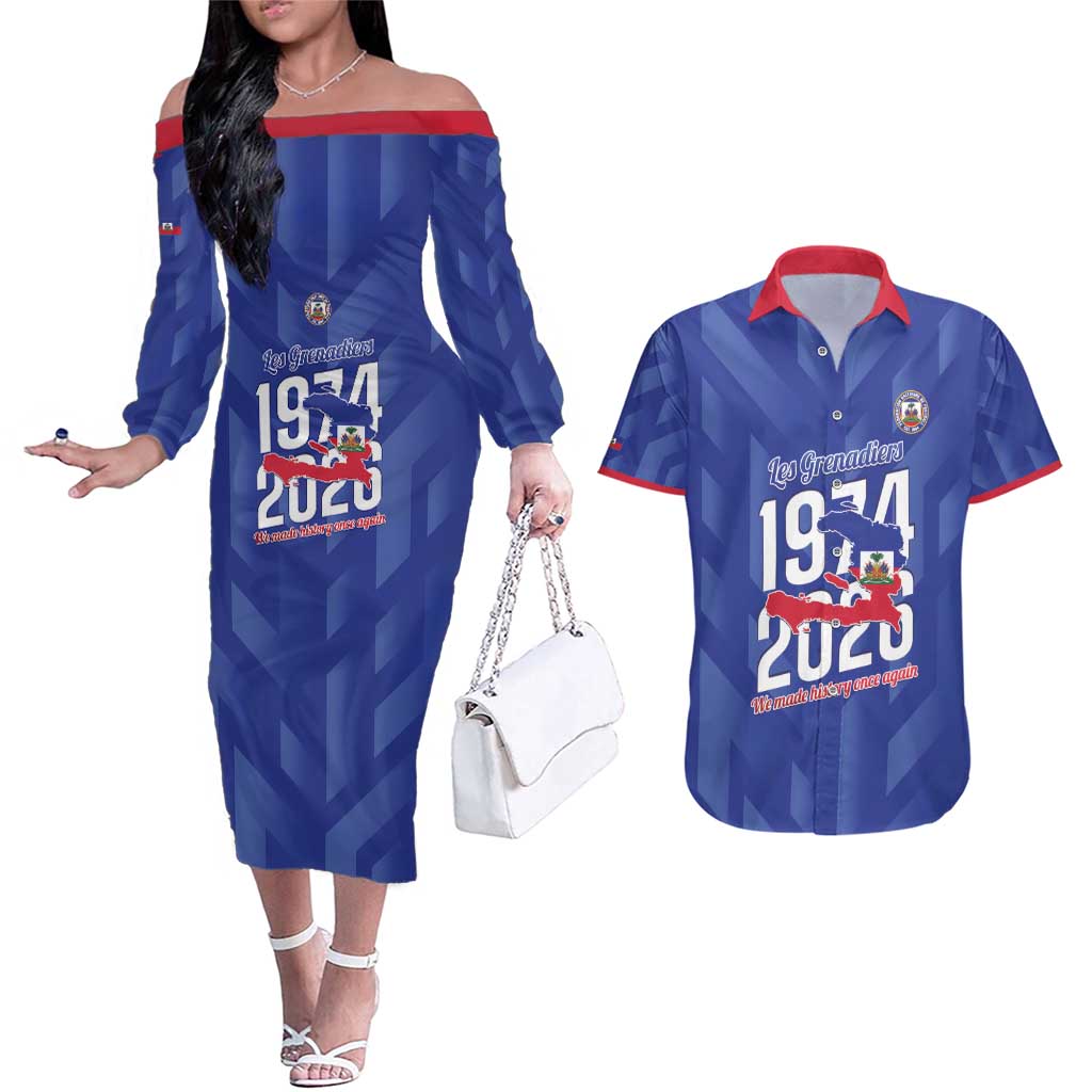 Personalized Haiti Football Couples Matching Off The Shoulder Long Sleeve Dress and Hawaiian Shirt Les Grenadiers Made History Once Again Blue Color - Wonder Print Shop