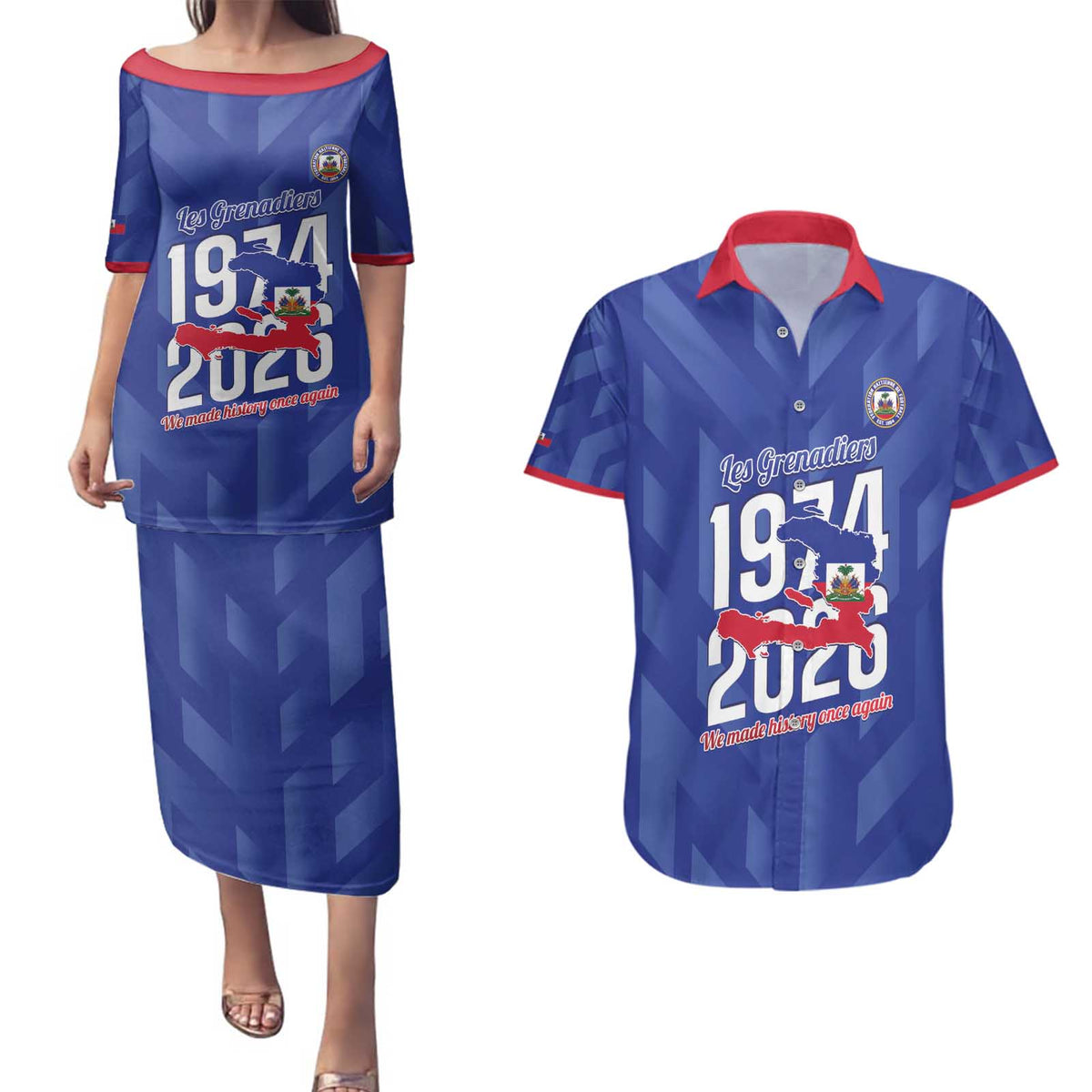Personalized Haiti Football Couples Matching Puletasi and Hawaiian Shirt Les Grenadiers Made History Once Again Blue Color - Wonder Print Shop