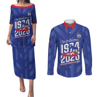 Personalized Haiti Football Couples Matching Puletasi and Long Sleeve Button Shirt Les Grenadiers Made History Once Again Blue Color - Wonder Print Shop