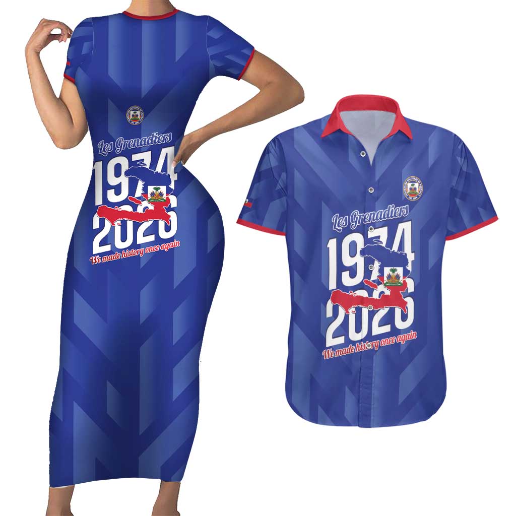 Personalized Haiti Football Couples Matching Short Sleeve Bodycon Dress and Hawaiian Shirt Les Grenadiers Made History Once Again Blue Color - Wonder Print Shop