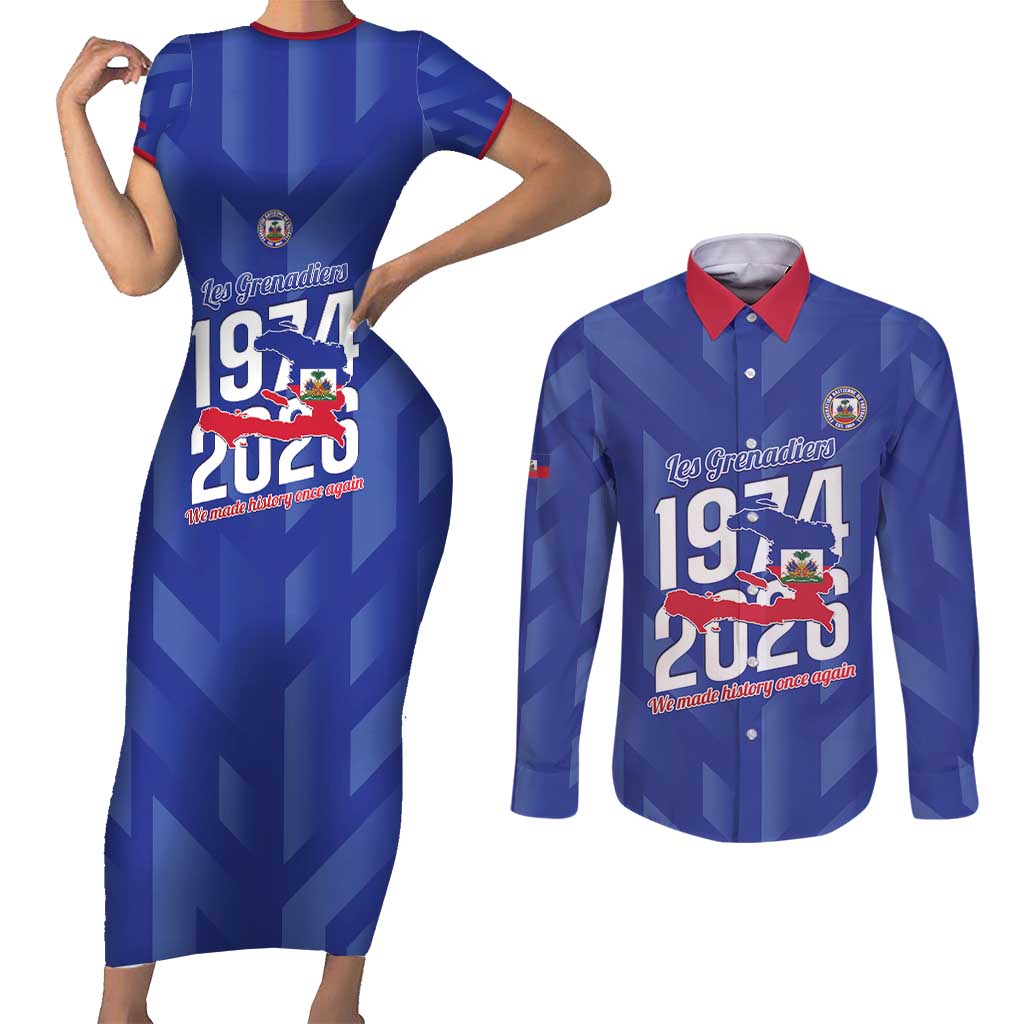 Personalized Haiti Football Couples Matching Short Sleeve Bodycon Dress and Long Sleeve Button Shirt Les Grenadiers Made History Once Again Blue Color - Wonder Print Shop