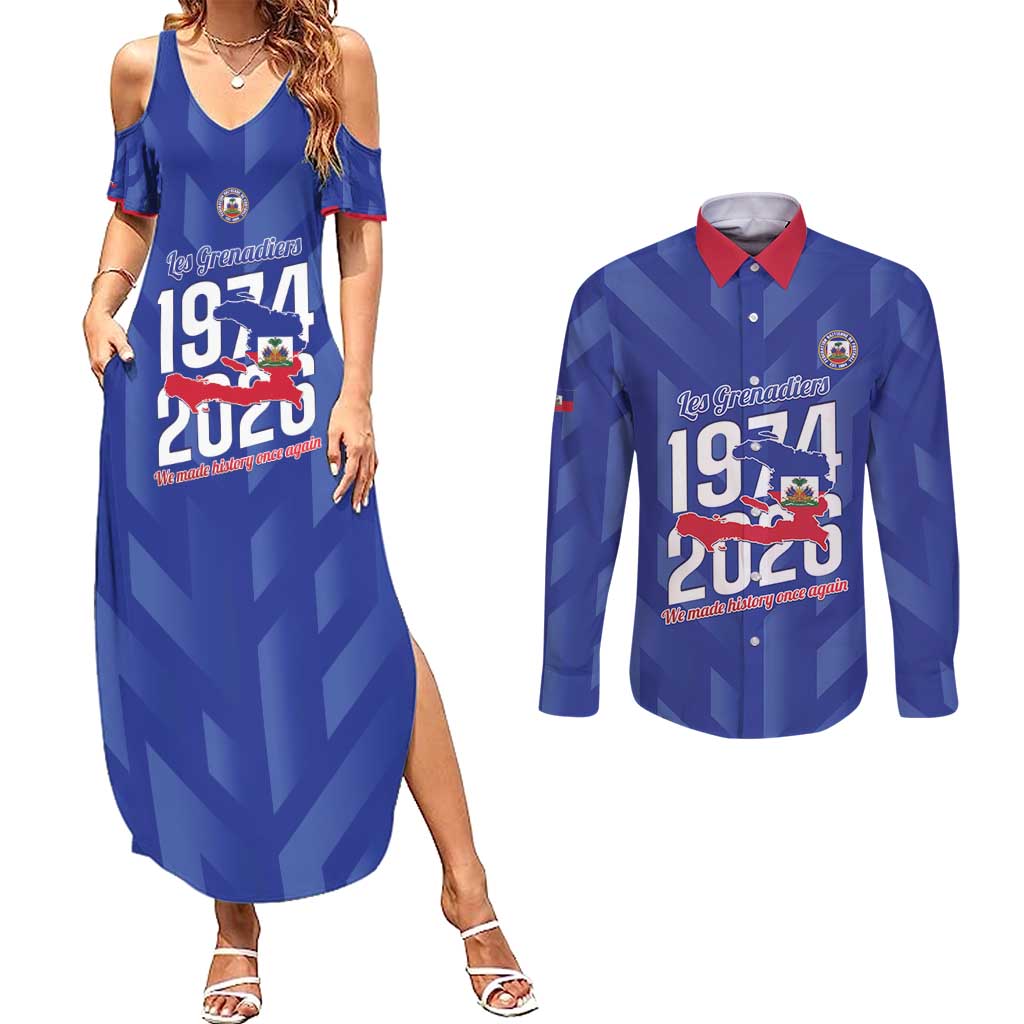 Personalized Haiti Football Couples Matching Summer Maxi Dress and Long Sleeve Button Shirt Les Grenadiers Made History Once Again Blue Color - Wonder Print Shop