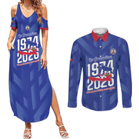 Personalized Haiti Football Couples Matching Summer Maxi Dress and Long Sleeve Button Shirt Les Grenadiers Made History Once Again Blue Color - Wonder Print Shop