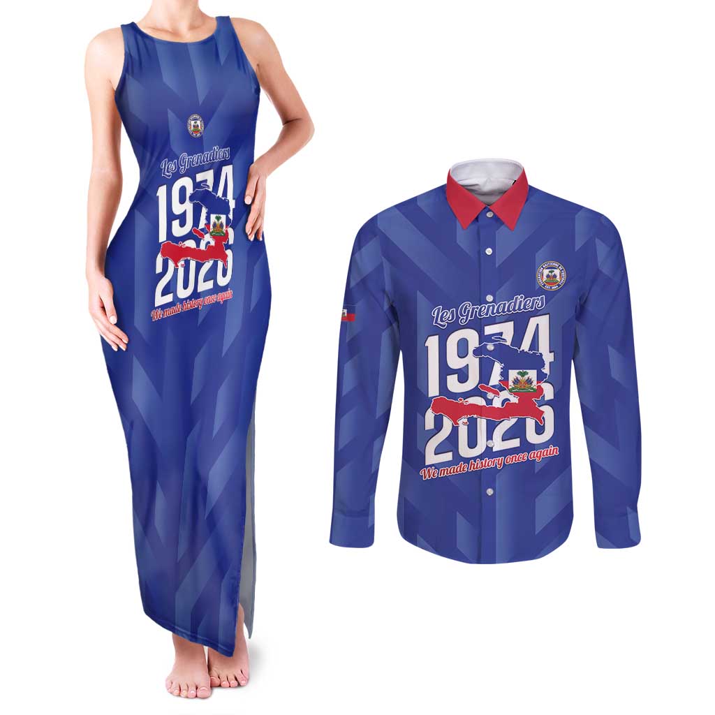 Personalized Haiti Football Couples Matching Tank Maxi Dress and Long Sleeve Button Shirt Les Grenadiers Made History Once Again Blue Color - Wonder Print Shop