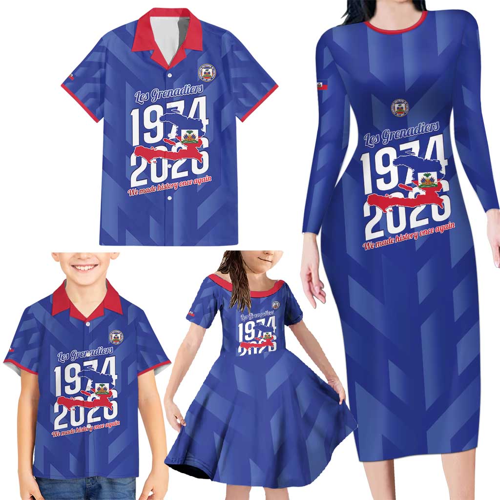 Personalized Haiti Football Family Matching Long Sleeve Bodycon Dress and Hawaiian Shirt Les Grenadiers Made History Once Again Blue Color - Wonder Print Shop