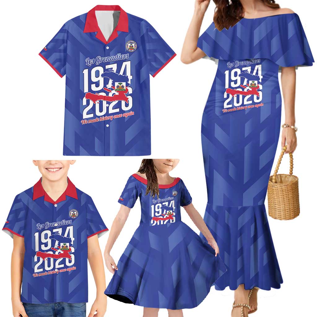 Personalized Haiti Football Family Matching Mermaid Dress and Hawaiian Shirt Les Grenadiers Made History Once Again Blue Color - Wonder Print Shop