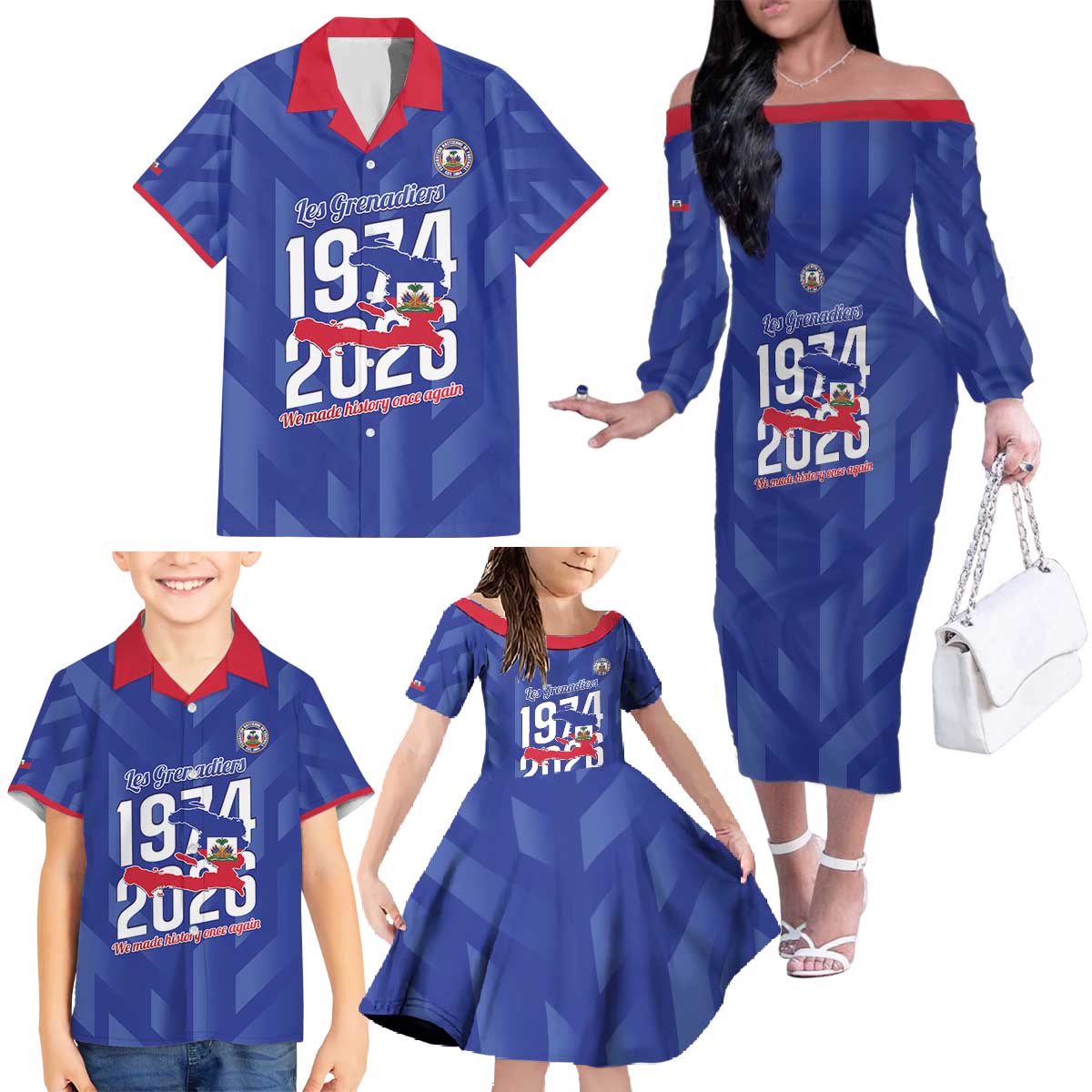 Personalized Haiti Football Family Matching Off The Shoulder Long Sleeve Dress and Hawaiian Shirt Les Grenadiers Made History Once Again Blue Color - Wonder Print Shop
