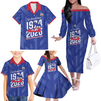 Personalized Haiti Football Family Matching Off The Shoulder Long Sleeve Dress and Hawaiian Shirt Les Grenadiers Made History Once Again Blue Color - Wonder Print Shop