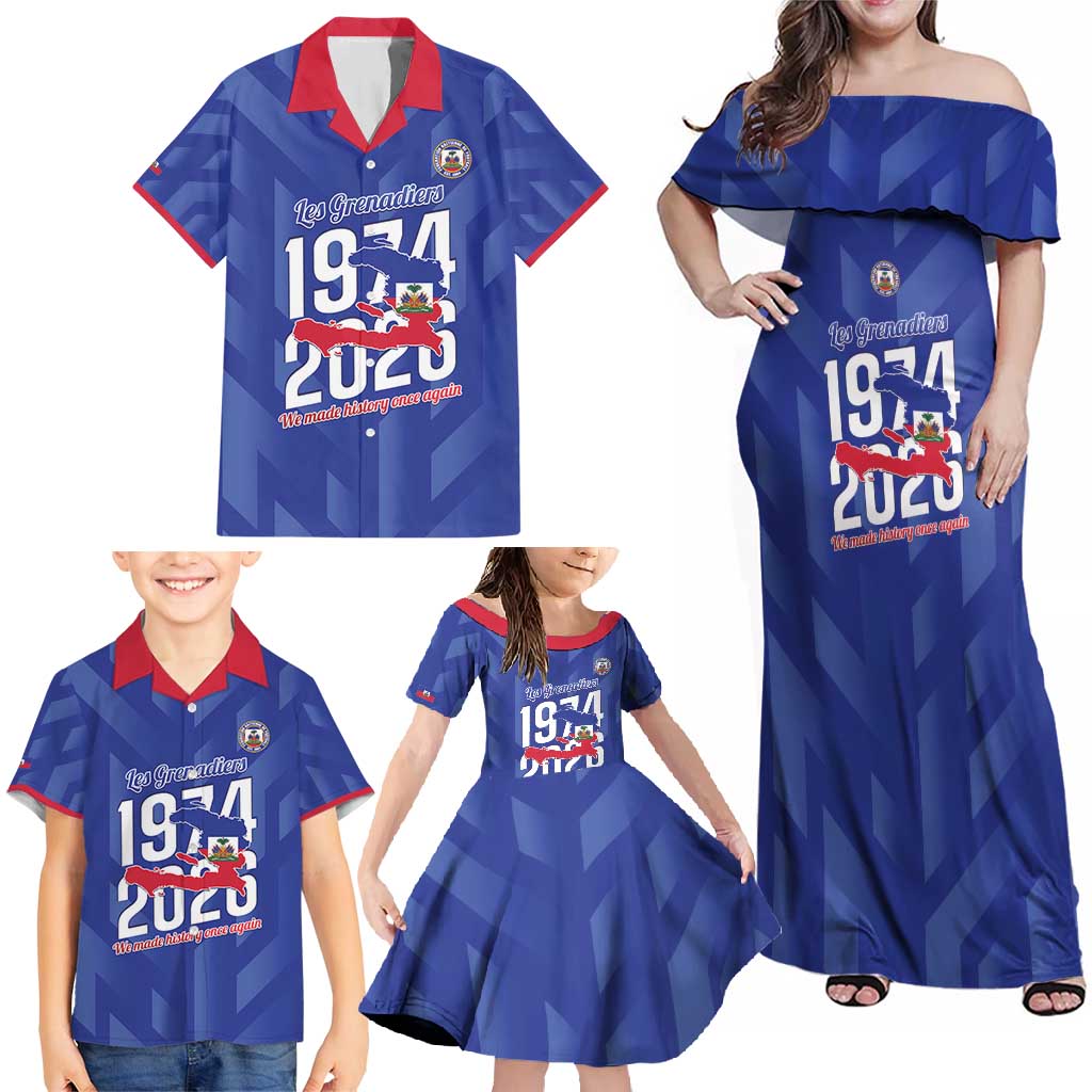 Personalized Haiti Football Family Matching Off Shoulder Maxi Dress and Hawaiian Shirt Les Grenadiers Made History Once Again Blue Color - Wonder Print Shop
