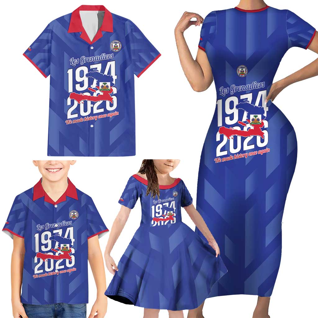 Personalized Haiti Football Family Matching Short Sleeve Bodycon Dress and Hawaiian Shirt Les Grenadiers Made History Once Again Blue Color - Wonder Print Shop