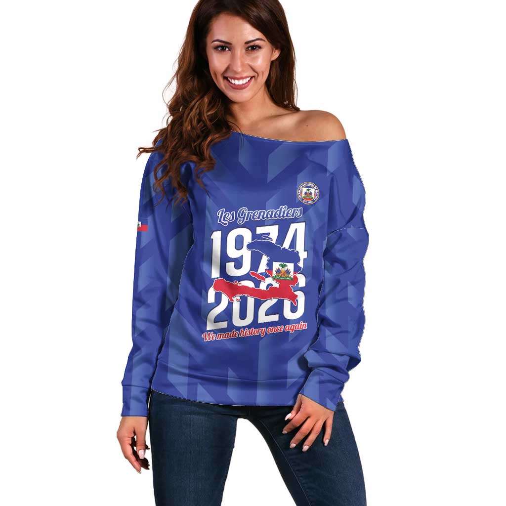 Personalized Haiti Football Off Shoulder Sweater Les Grenadiers Made History Once Again Blue Color - Wonder Print Shop