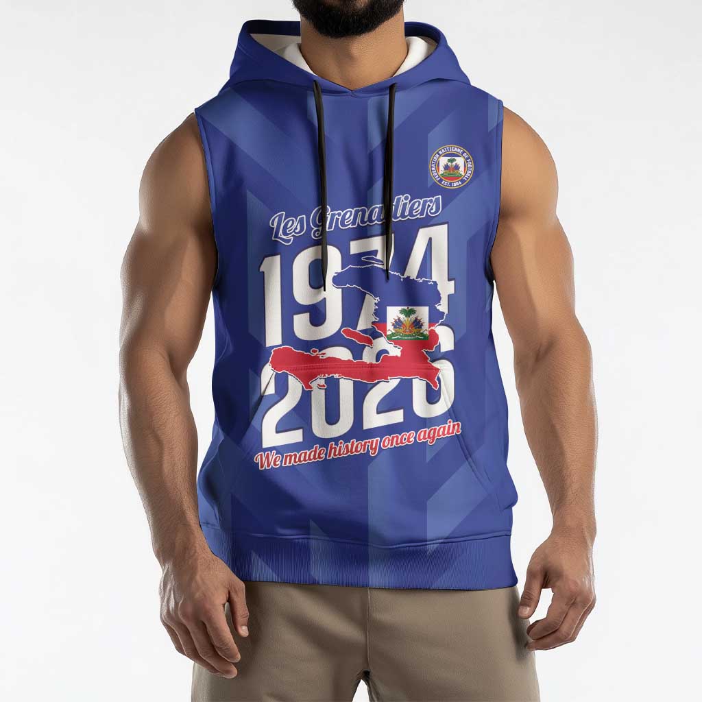 Personalized Haiti Football Sleeveless Hoodie Les Grenadiers Made History Once Again Blue Color - Wonder Print Shop