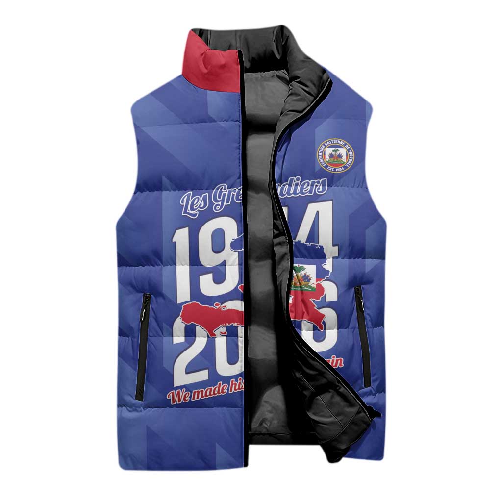 Personalized Haiti Football Sleeveless Puffer Jacket Les Grenadiers Made History Once Again Blue Color - Wonder Print Shop