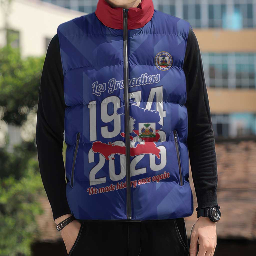 Personalized Haiti Football Sleeveless Puffer Jacket Les Grenadiers Made History Once Again Blue Color - Wonder Print Shop
