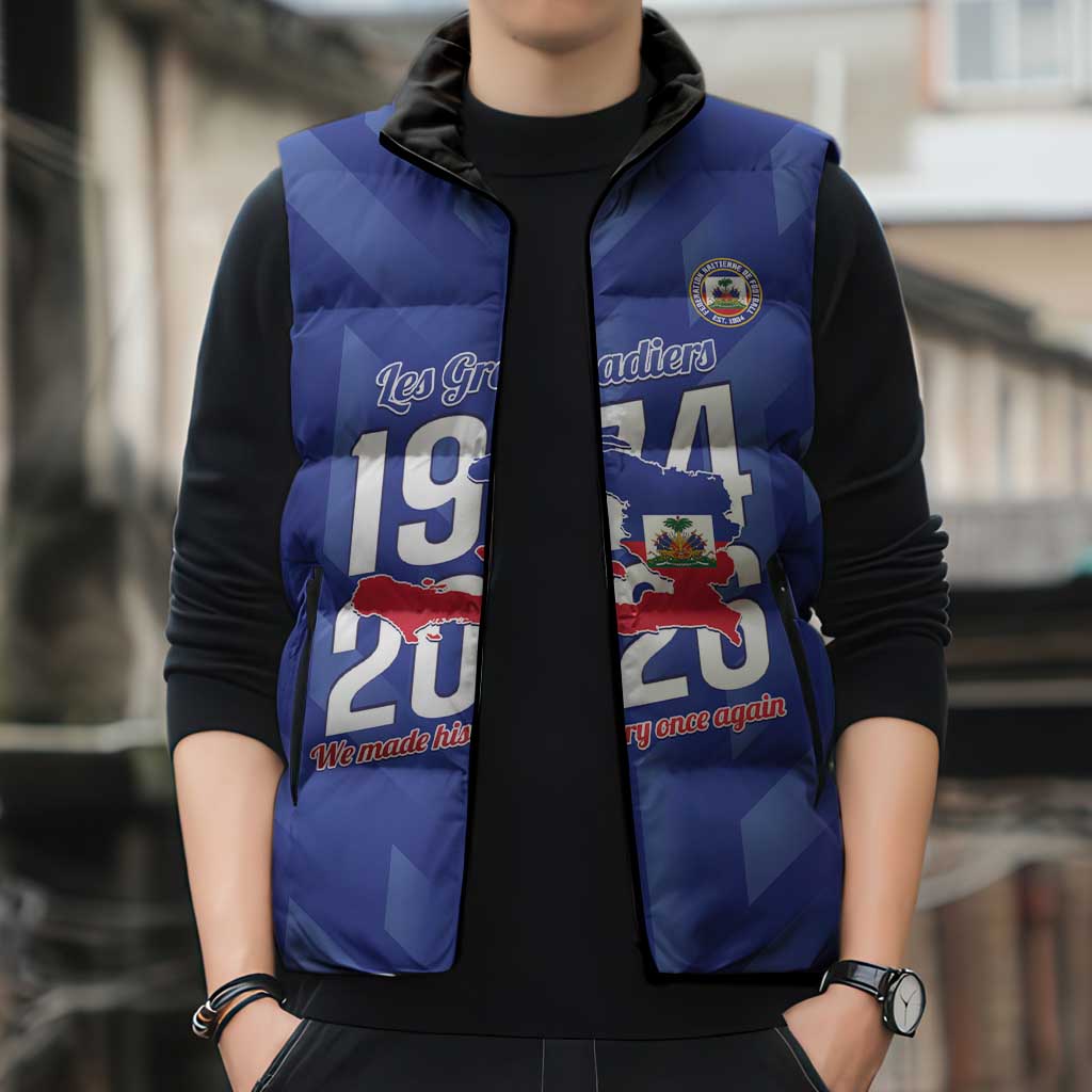 Personalized Haiti Football Sleeveless Puffer Jacket Les Grenadiers Made History Once Again Blue Color - Wonder Print Shop