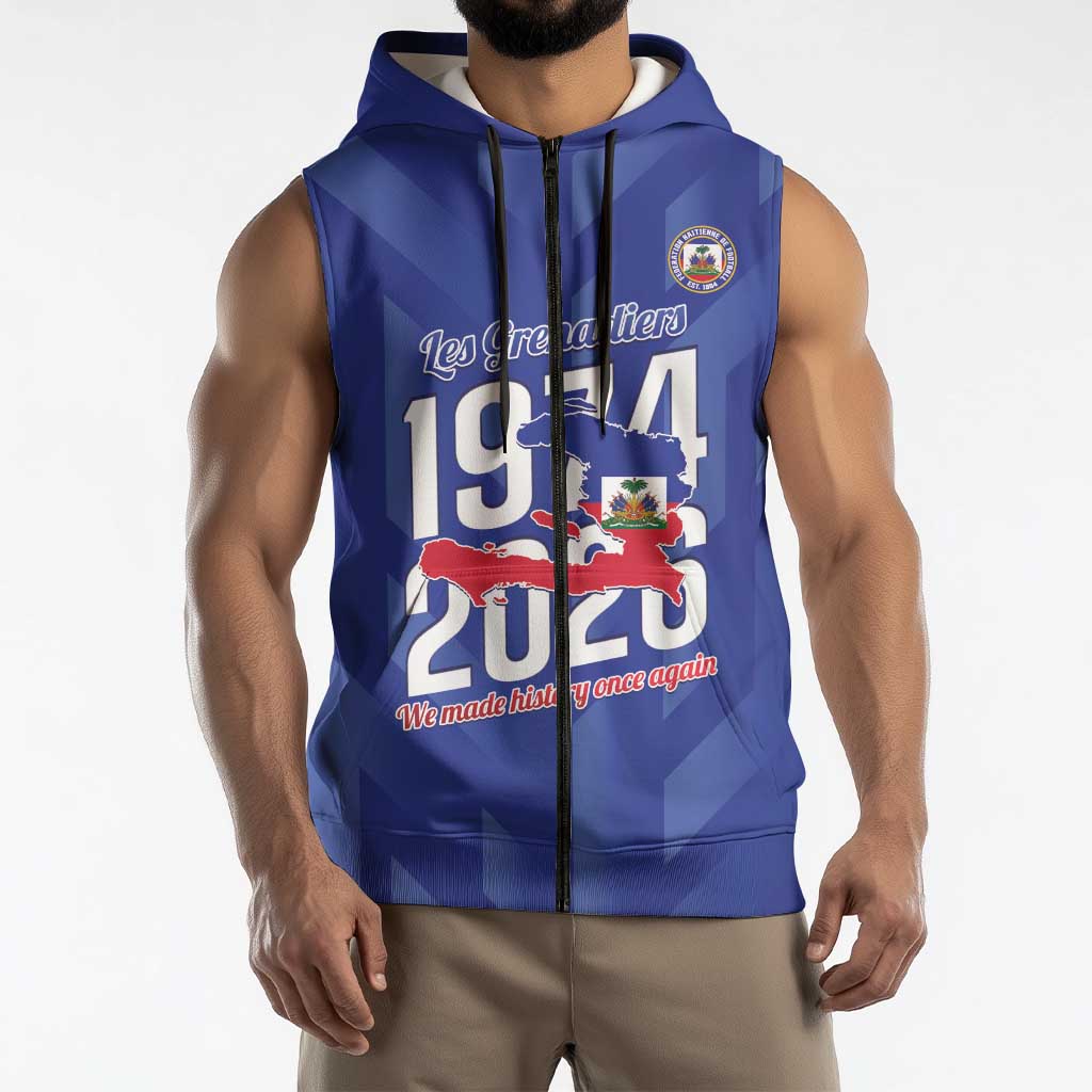Personalized Haiti Football Sleeveless Zip Hoodie Les Grenadiers Made History Once Again Blue Color - Wonder Print Shop