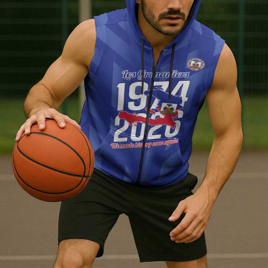 Personalized Haiti Football Sleeveless Zip Hoodie Les Grenadiers Made History Once Again Blue Color - Wonder Print Shop