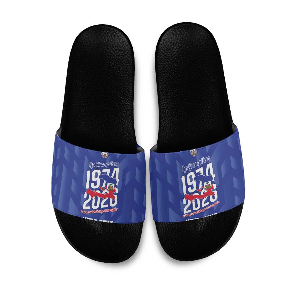 Personalized Haiti Football Slide Sandals Les Grenadiers Made History Once Again Blue Color - Wonder Print Shop