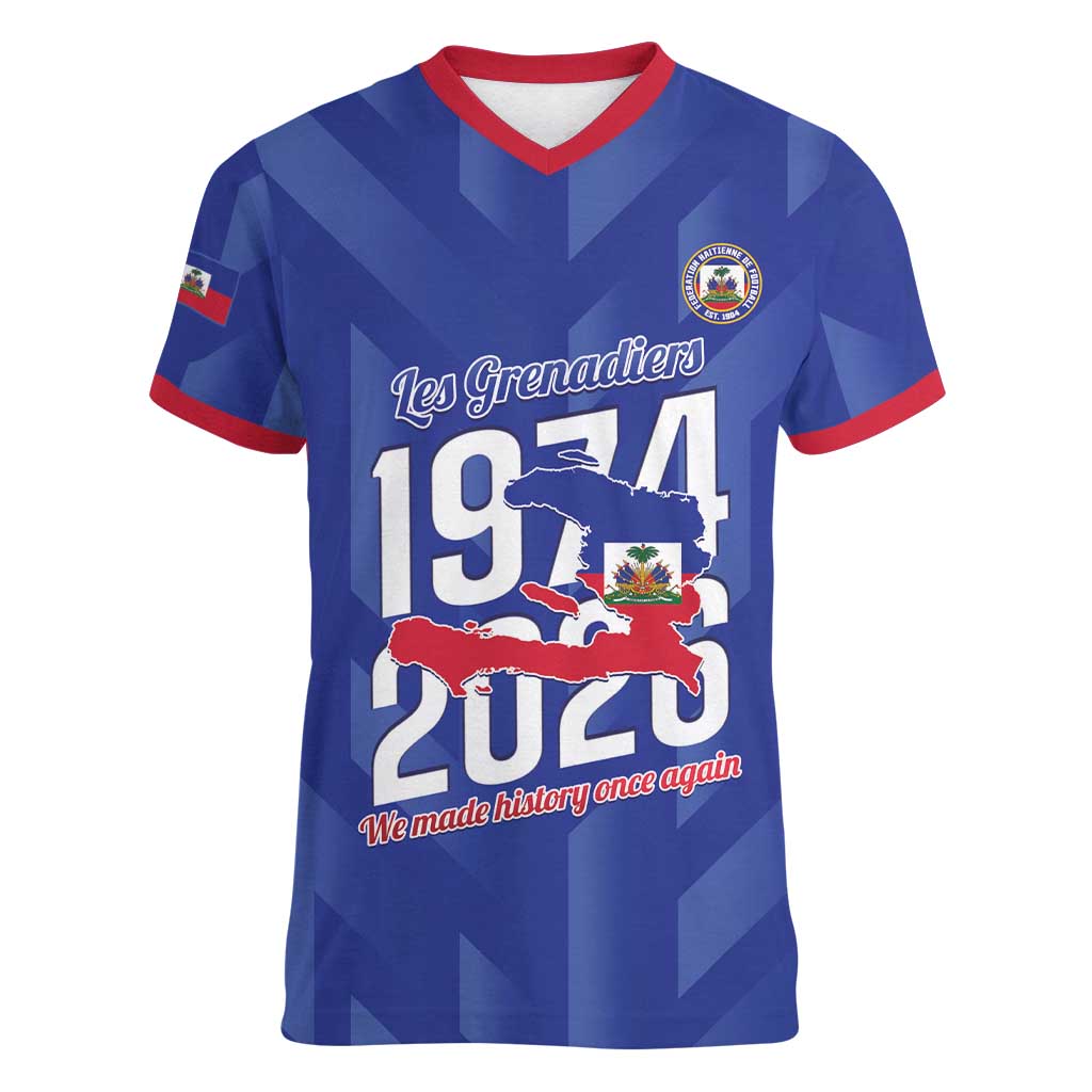 Personalized Haiti Football Women V-Neck T-Shirt Les Grenadiers Made History Once Again Blue Color - Wonder Print Shop