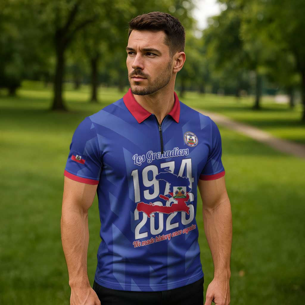 Personalized Haiti Football Zipper Polo Shirt Les Grenadiers Made History Once Again Blue Color - Wonder Print Shop