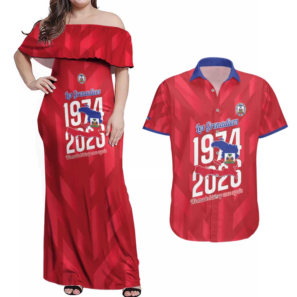 Personalized Haiti Football Couples Matching Off Shoulder Maxi Dress and Hawaiian Shirt Les Grenadiers Made History Once Again Red Color - Wonder Print Shop