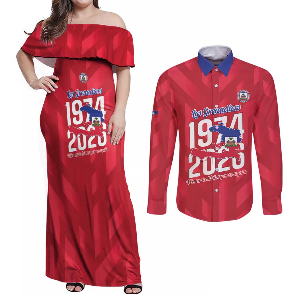 Personalized Haiti Football Couples Matching Off Shoulder Maxi Dress and Long Sleeve Button Shirt Les Grenadiers Made History Once Again Red Color - Wonder Print Shop