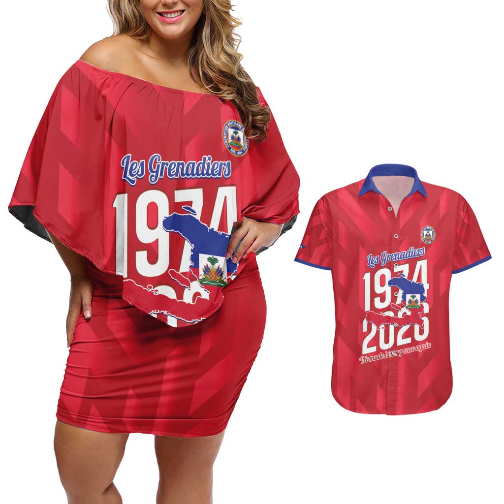 Personalized Haiti Football Couples Matching Off Shoulder Short Dress and Hawaiian Shirt Les Grenadiers Made History Once Again Red Color - Wonder Print Shop