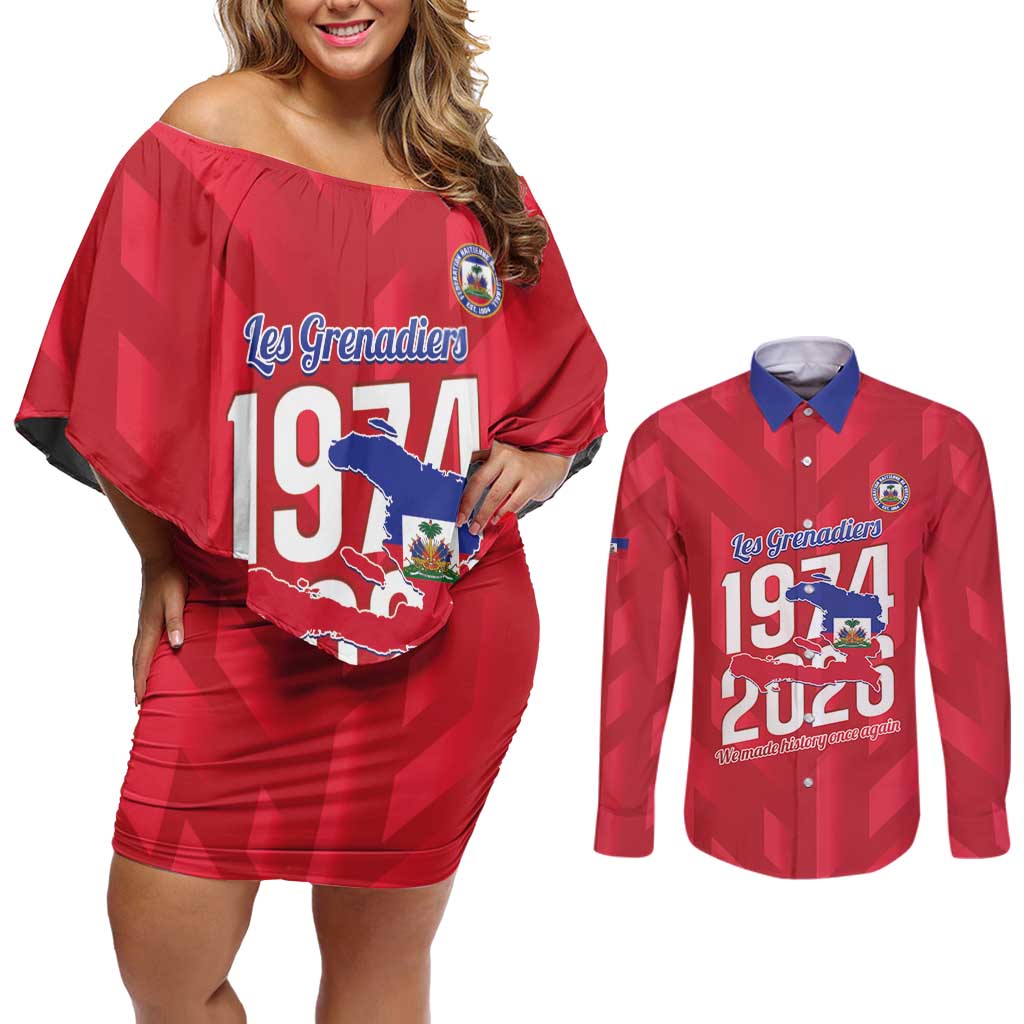 Personalized Haiti Football Couples Matching Off Shoulder Short Dress and Long Sleeve Button Shirt Les Grenadiers Made History Once Again Red Color - Wonder Print Shop