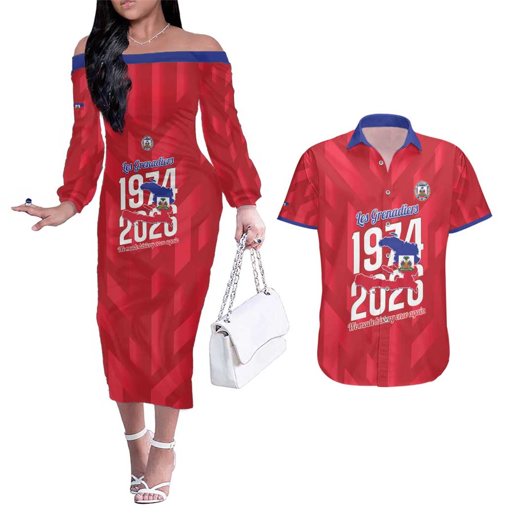 Personalized Haiti Football Couples Matching Off The Shoulder Long Sleeve Dress and Hawaiian Shirt Les Grenadiers Made History Once Again Red Color - Wonder Print Shop