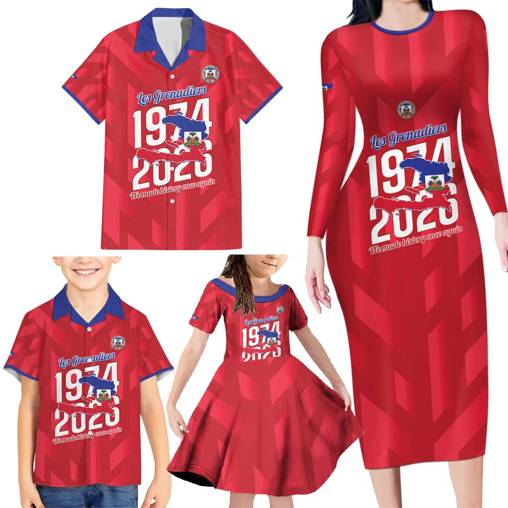 Personalized Haiti Football Family Matching Long Sleeve Bodycon Dress and Hawaiian Shirt Les Grenadiers Made History Once Again Red Color - Wonder Print Shop