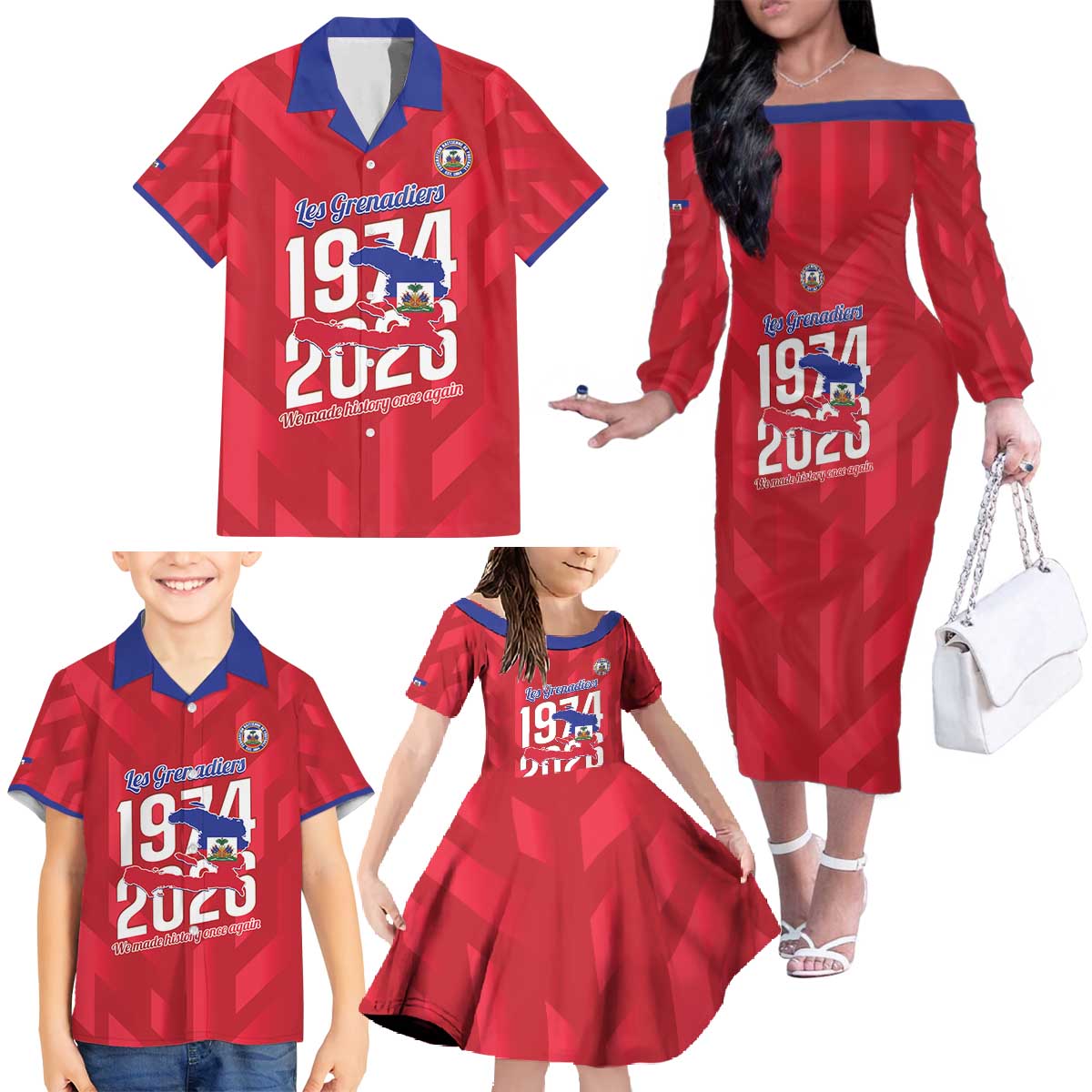 Personalized Haiti Football Family Matching Off The Shoulder Long Sleeve Dress and Hawaiian Shirt Les Grenadiers Made History Once Again Red Color - Wonder Print Shop