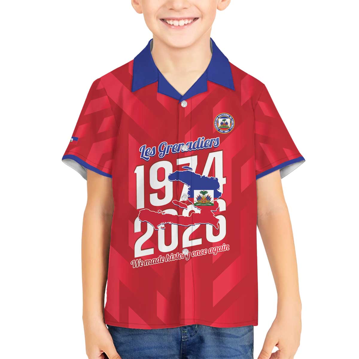 Personalized Haiti Football Family Matching Off The Shoulder Long Sleeve Dress and Hawaiian Shirt Les Grenadiers Made History Once Again Red Color - Wonder Print Shop