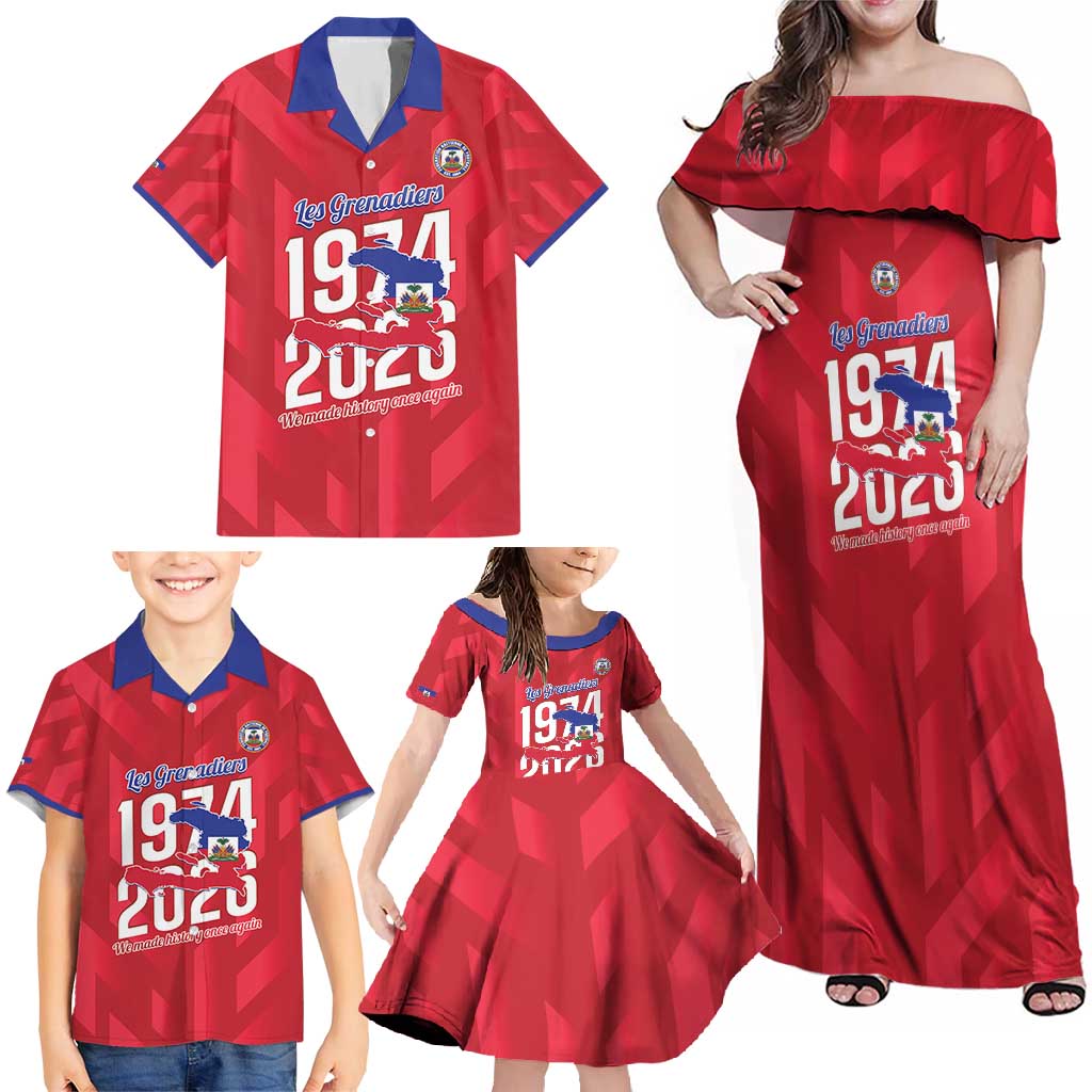 Personalized Haiti Football Family Matching Off Shoulder Maxi Dress and Hawaiian Shirt Les Grenadiers Made History Once Again Red Color - Wonder Print Shop