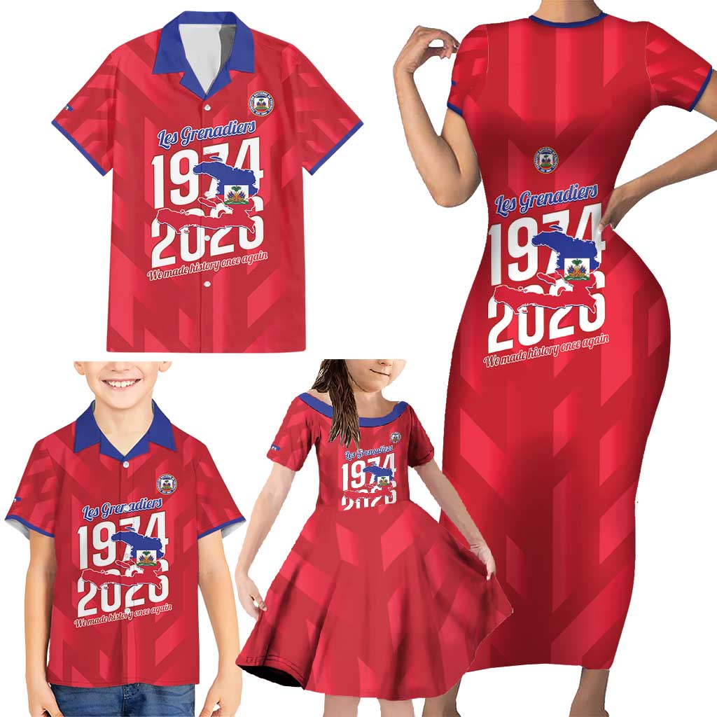 Personalized Haiti Football Family Matching Short Sleeve Bodycon Dress and Hawaiian Shirt Les Grenadiers Made History Once Again Red Color - Wonder Print Shop