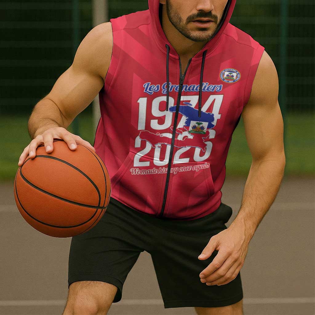 Personalized Haiti Football Sleeveless Zip Hoodie Les Grenadiers Made History Once Again Red Color - Wonder Print Shop