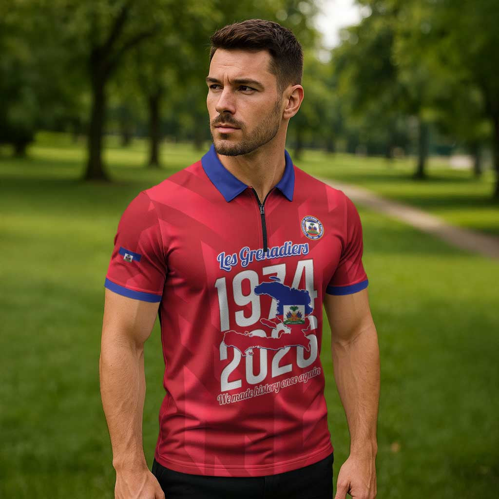 Personalized Haiti Football Zipper Polo Shirt Les Grenadiers Made History Once Again Red Color - Wonder Print Shop