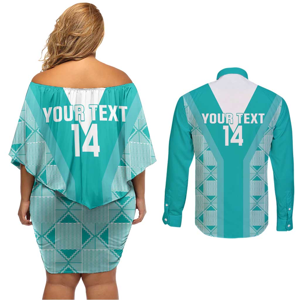 Custom South Africa Rugby Couples Matching Off Shoulder Short Dress and Long Sleeve Button Shirt Go Champions Springboks - Teal Version - Wonder Print Shop