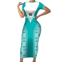 Custom South Africa Rugby Family Matching Short Sleeve Bodycon Dress and Hawaiian Shirt Go Champions Springboks - Teal Version - Wonder Print Shop