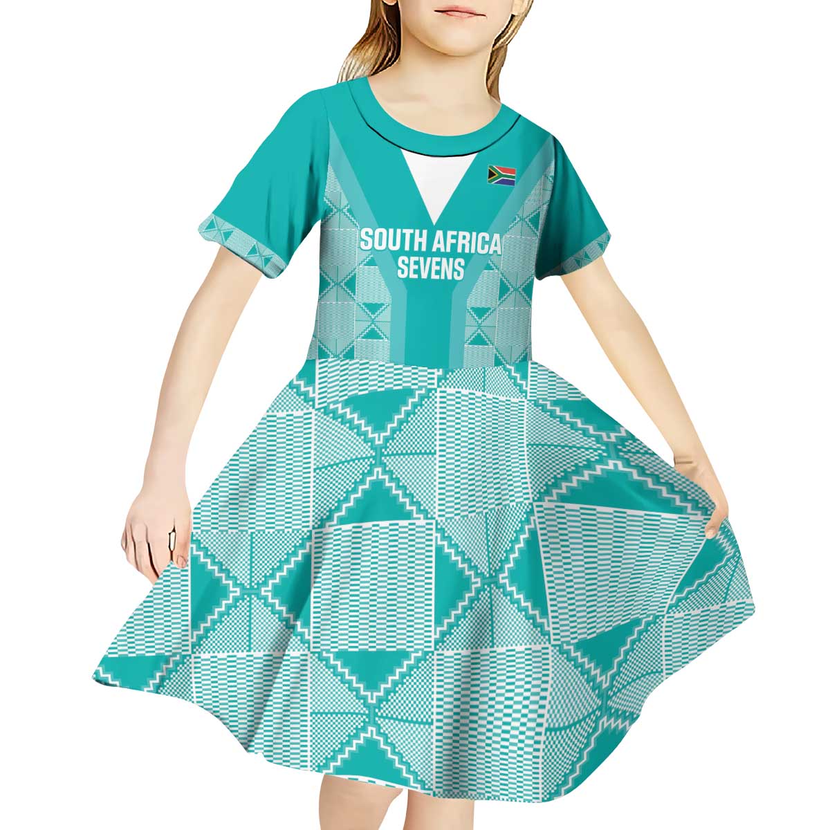 Custom South Africa Rugby Kid Short Sleeve Dress Go Champions Springboks - Teal Version - Wonder Print Shop