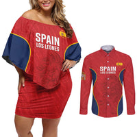 Custom Spain Rugby Couples Matching Off Shoulder Short Dress and Long Sleeve Button Shirt Go Champions Lions - Wonder Print Shop