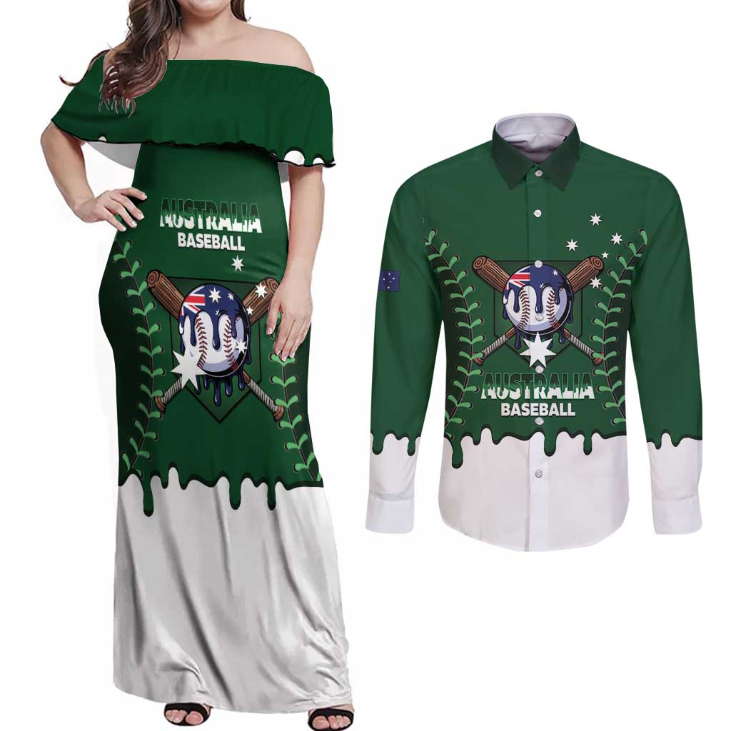 Australia 2026 Baseball Custom Couples Matching Off Shoulder Maxi Dress and Long Sleeve Button Shirt Go Aussie Drip Style