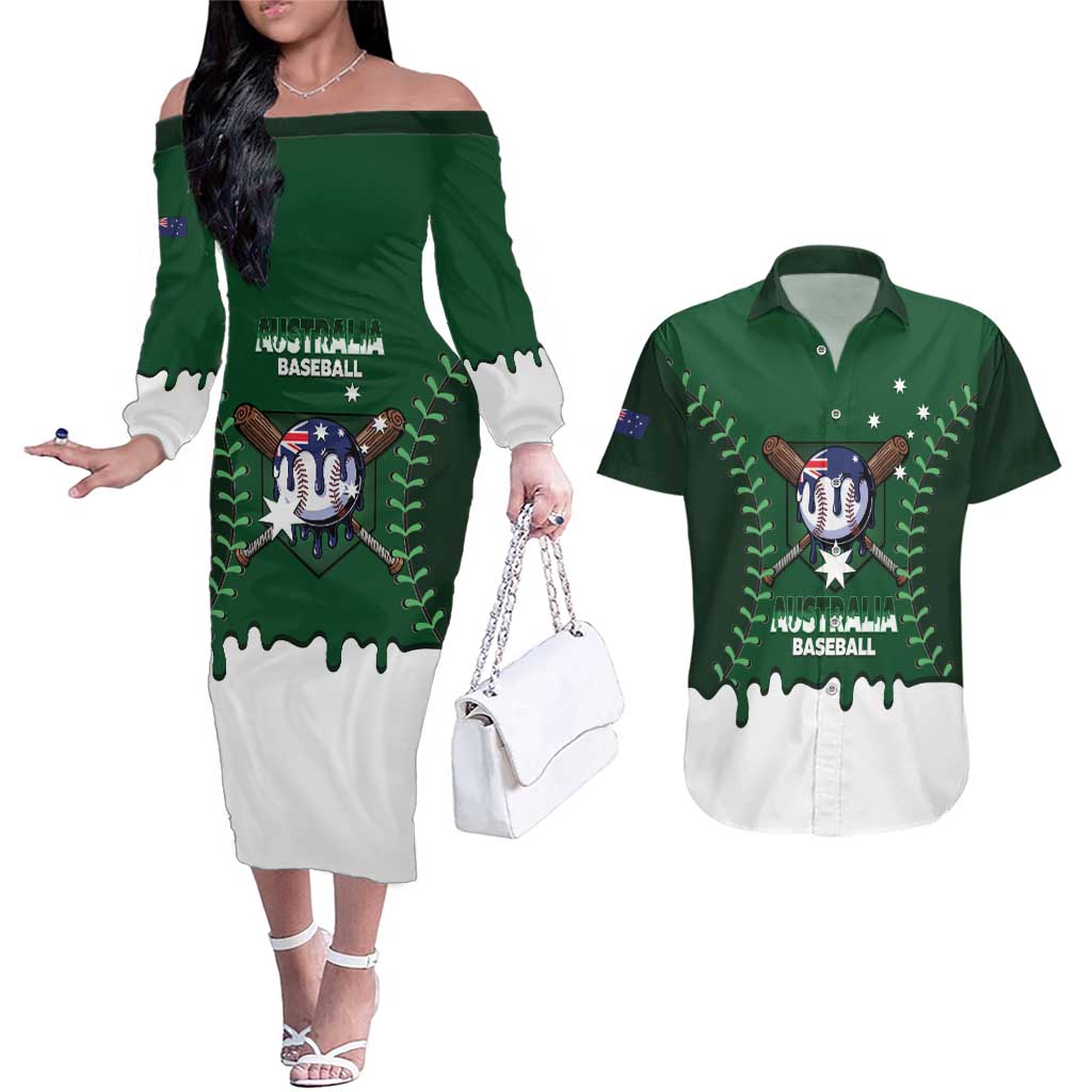 Australia 2026 Baseball Custom Couples Matching Off The Shoulder Long Sleeve Dress and Hawaiian Shirt Go Aussie Drip Style