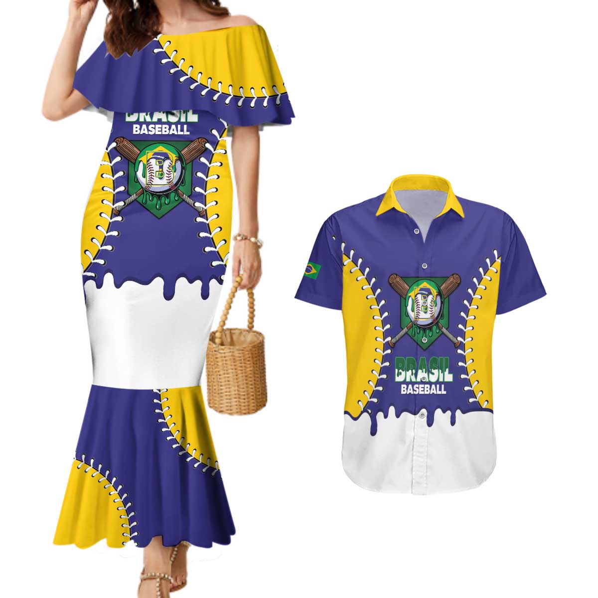 Brazil 2026 Baseball Custom Couples Matching Mermaid Dress and Hawaiian Shirt Go Champions Drip Style